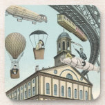 Porta-copo Vintage Science Fiction, Victorian Steam Punk City<br><div class="desc">Imagem de viagem de ilustração venenosa e de transporte de ficção científica futurista apresentando pessoas viajando por dirigíveis,  balões de ar quente,  um trem invertido e um antigo automóvel convertível em uma metrópole vitoriana,  punk a vapor,  retrógrada à metrópole urbana.</div>