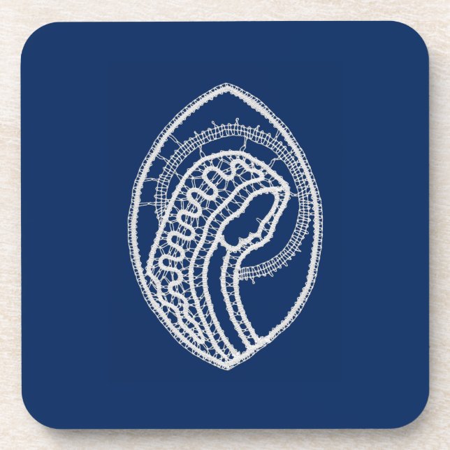 Porta-copo Virgem Abençoada Maria, renda branca, azul marinho (Frente)