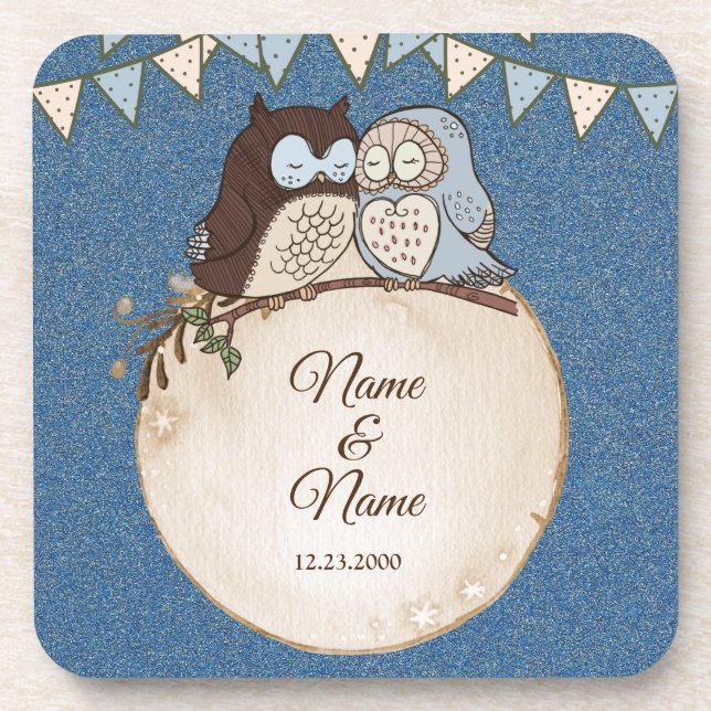 Porta-copo Wedding Blue Brown Owl Glitter Beautiful Beverage  (Frente)