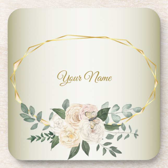 Porta-copo Wedding Greenery Leaves Pink Floral Gold Geometric (Frente)
