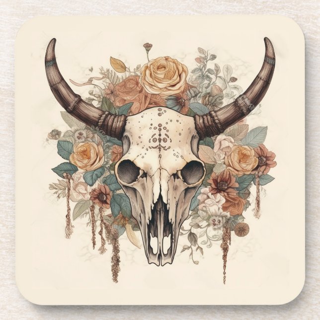 Porta-copo Western Boho Bull Skull Floral (Frente)