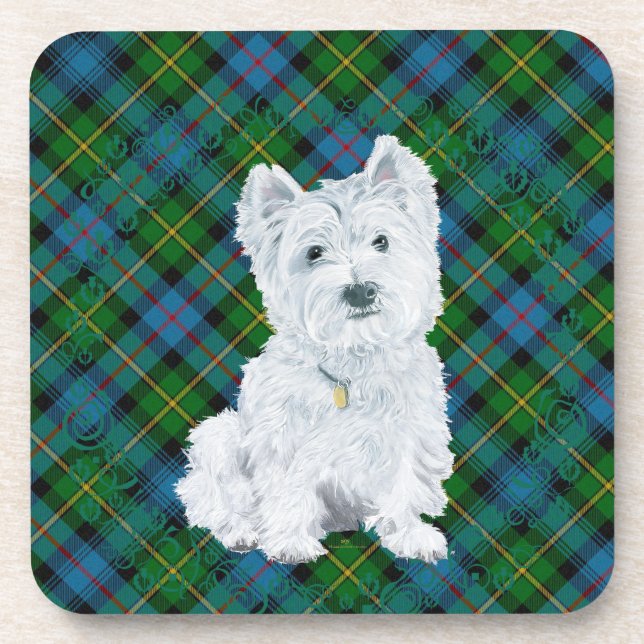 Porta-copo Westie no Tartan (Frente)