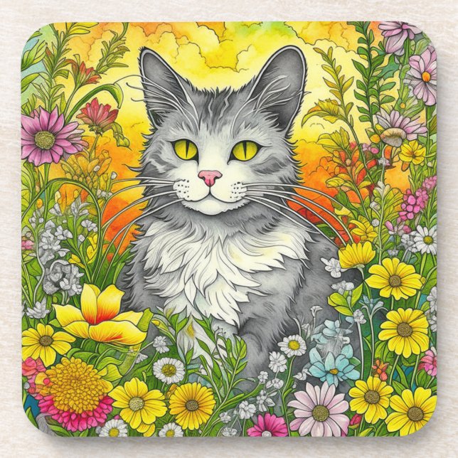 Porta-copo Whimsical Cat and Flowers (Frente)