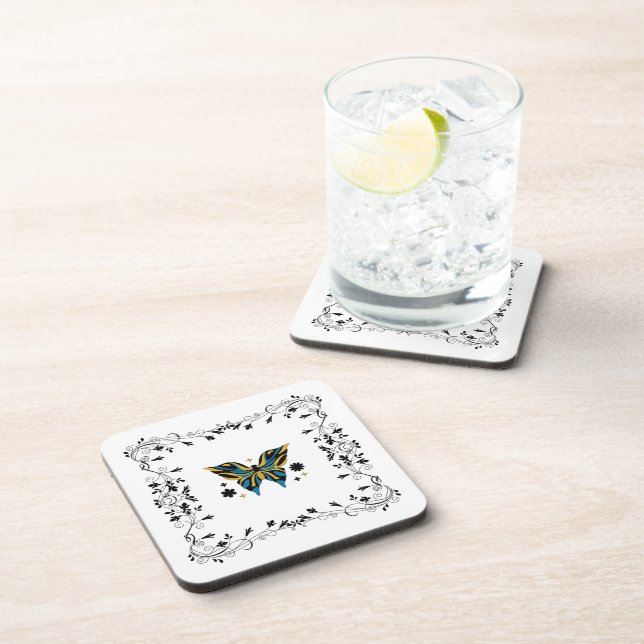 Porta-copo Whimsical Fluttering – Blue Butterfly Floral Art (Lado Direito)