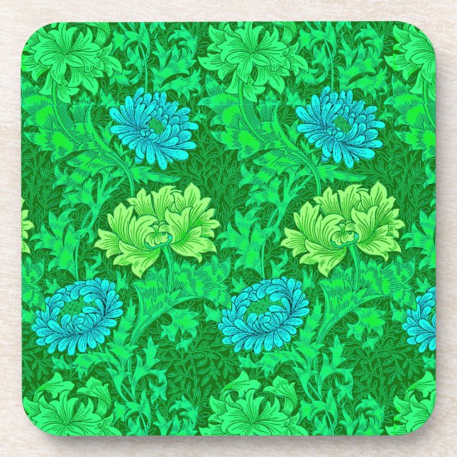 Porta-copo William Morris Chrysanthemums, Verde limão & Aqua (Frente)