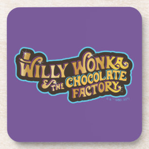 Porta-copo Willy Wonka e o logotipo da fábrica de chocolate