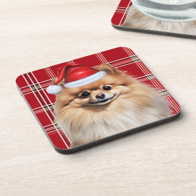 Porta-copo Winter Themed Pomeranian Dog Holiday Plaid (Left Side)