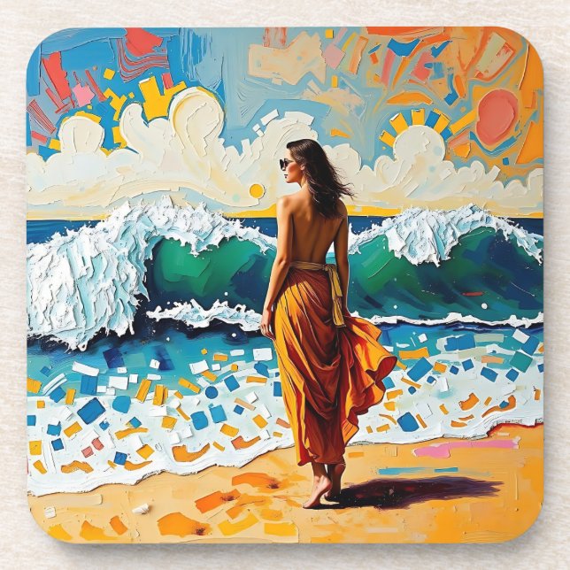 Porta-copo Woman on Beach Abstract Seaside Art Personalized (Frente)
