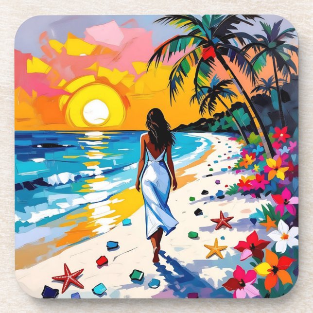 Porta-copo Woman on Beach Tropical Scene (Frente)