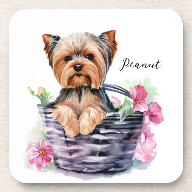 Porta-copo Yorkie personalizado na Arte de Aquarela de Cesta (Frente)