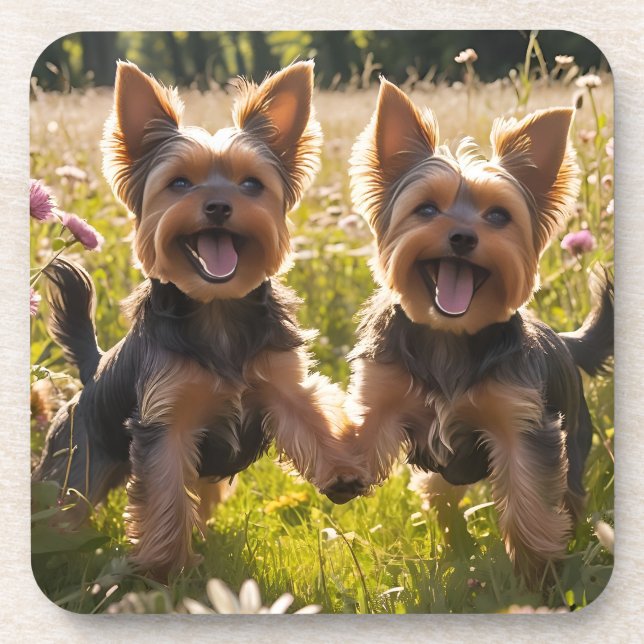 Porta-copo Yorkshire Terriers jogando na grama (Frente)