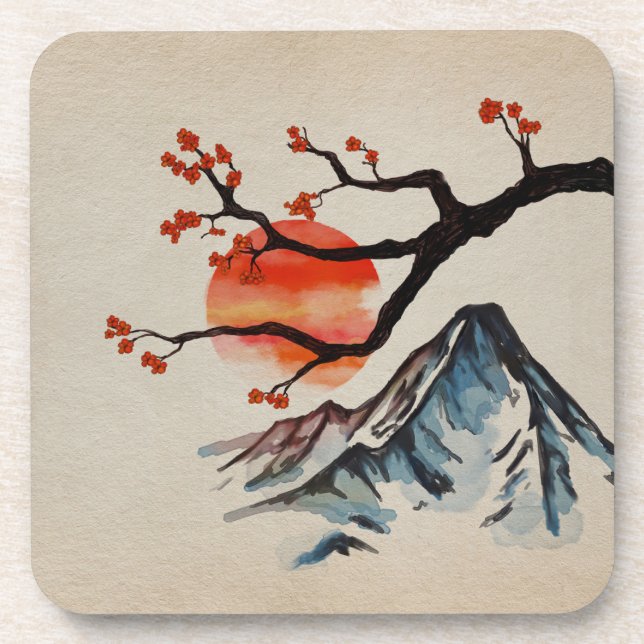 Porta-copo Zen Serenity Landscape - Sakura Mountain Sunset (Frente)