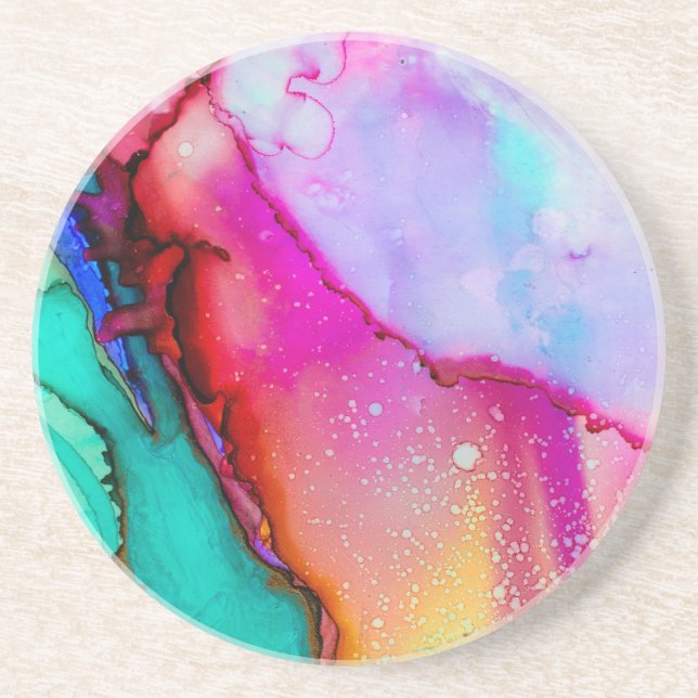 Porta-copos Abstrato de Aquarela rosa e turquesa (Frente)