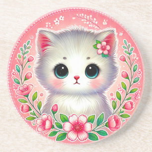 Porta-copos Adorável gatinho branco rodeado por flores cor-de-