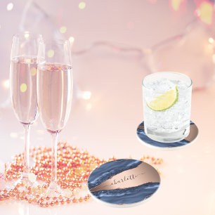 Porta-copos Ágata azul mármore rosa nome script 