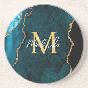 Porta-copos Ágata Marmore Azul Teal e Dourado