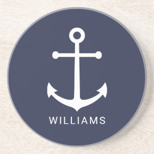 Porta-copos Âncora branca náutica e nome personalizado em az