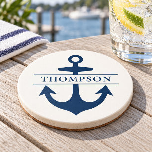 Porta-copos Âncora Náutica Azul Marinho Nome Personalizado