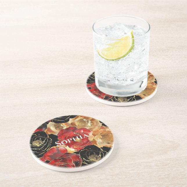 Porta-copos Aniversário das Flores Douradas Vermelhas (Lateral)