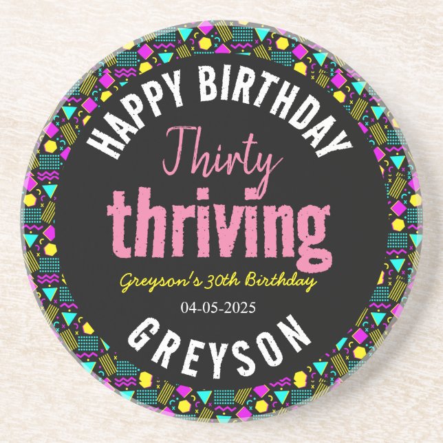 Porta-copos Aniversário de 30 anos 3 e preto e retrô prósperos (Frente)