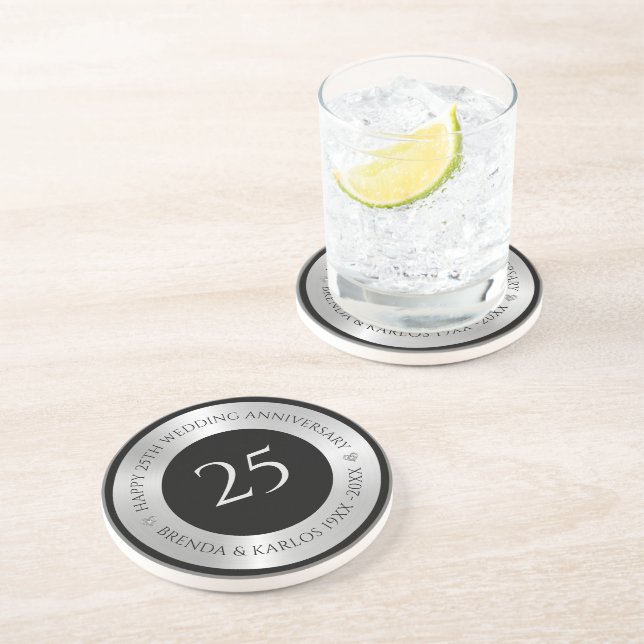 Porta-copos Aniversário do casamento da 25 de prata preta e me (Lateral)