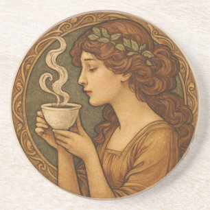 Porta-copos Art Nouveau Mulher Com Café