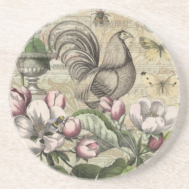 Porta-copos Arte de Colagem de Jardim com Galo Vintage: País F (Frente)