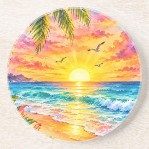 Porta-copos Arte de Praia em Aquarela Pôr do Sol no Paraíso Tr