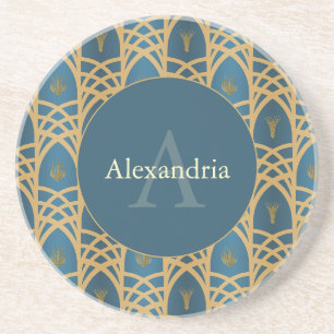 Porta-copos Arte Deco Personalizado Nome & Monograma Azul Turq