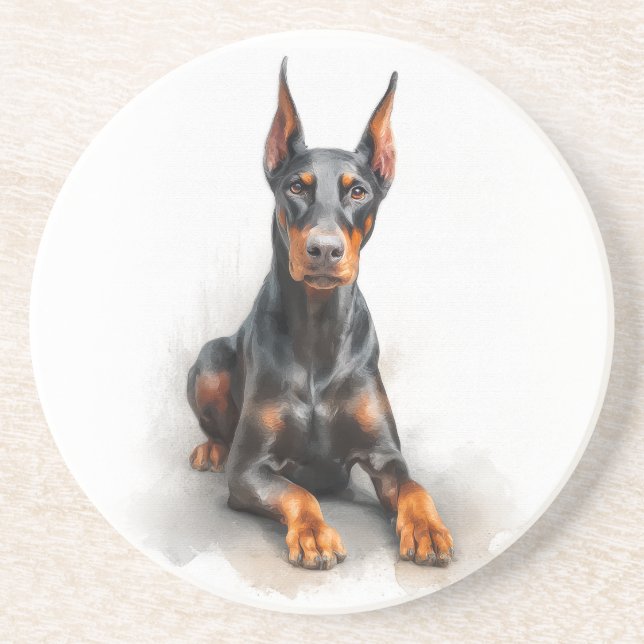 Porta-copos Arte em Aquarela de Doberman (Frente)