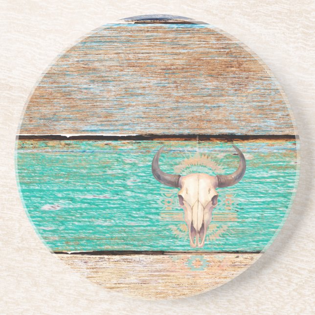 Porta-copos Aztec Boho Skull, madeiras curadas (Frente)