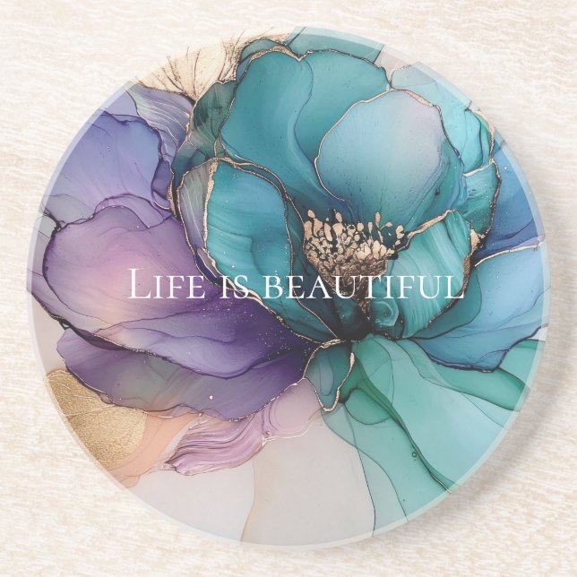 Porta-copos Azul Aqua Roxo Dourado Floral (Frente)