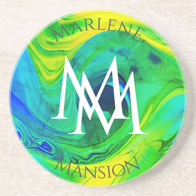 Porta-copos Azul de textura mármore e abrasão amarela (Frente)