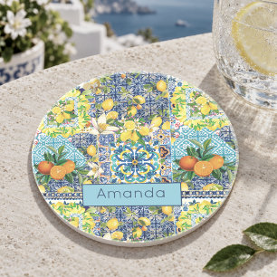 Porta-copos Azul Turquesa Chic Floral Siciliano de Citrinos