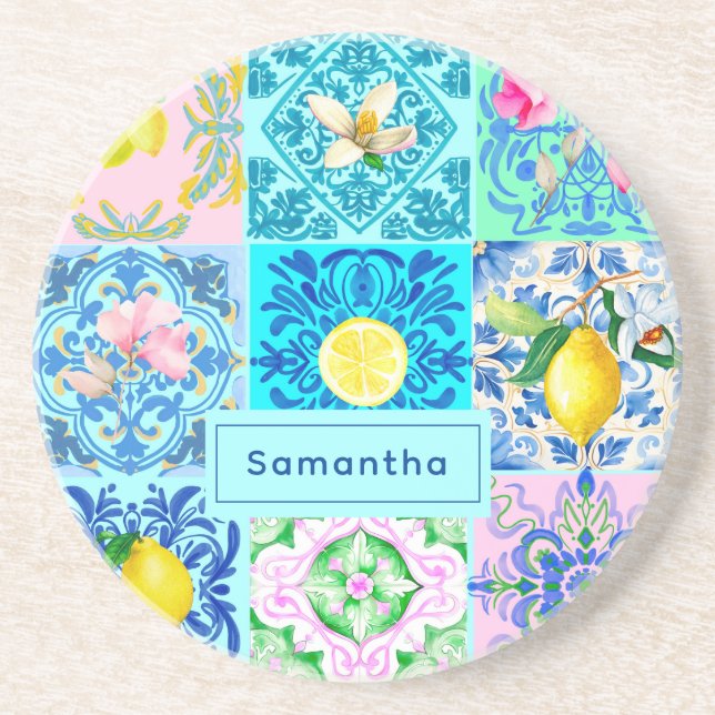 Porta-copos Azulejo Amalfi, colorido da Sicília, (Frente)