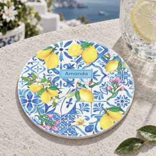 Porta-copos Azulejo de Citrino Siciliano de Maiolica Azul Medi
