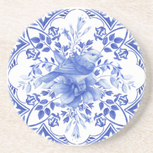 Porta-copos Azulejo Floral Azul e Branco com Pássaro