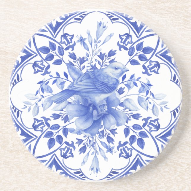 Porta-copos Azulejo Floral Branco e Azul com Pássaro (Frente)