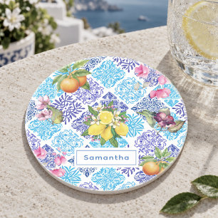 Porta-copos Azulejos sicilianos florais mediterrâneos cítricos