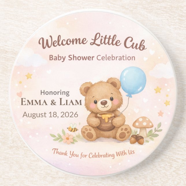Porta-copos Baby Shower Coasters | Teddy Bear | Pastel Clouds (Frente)