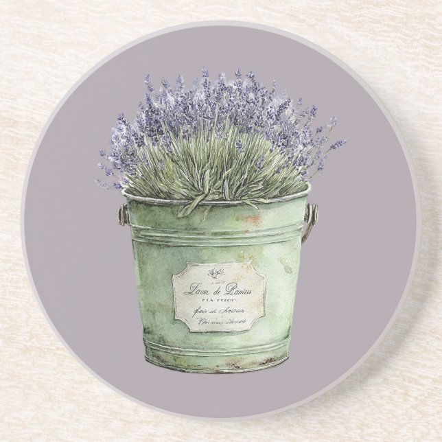 Porta-copos Balde Verde Branco Flores Lavanda (Frente)