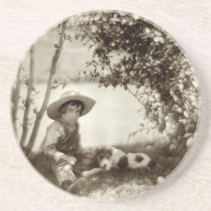 Porta-copos Bancada de arenito de menino vintage com cachorro