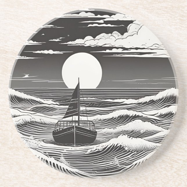 Porta-copos Barco Solitário Branco Negro em Problemas no Mar (Frente)