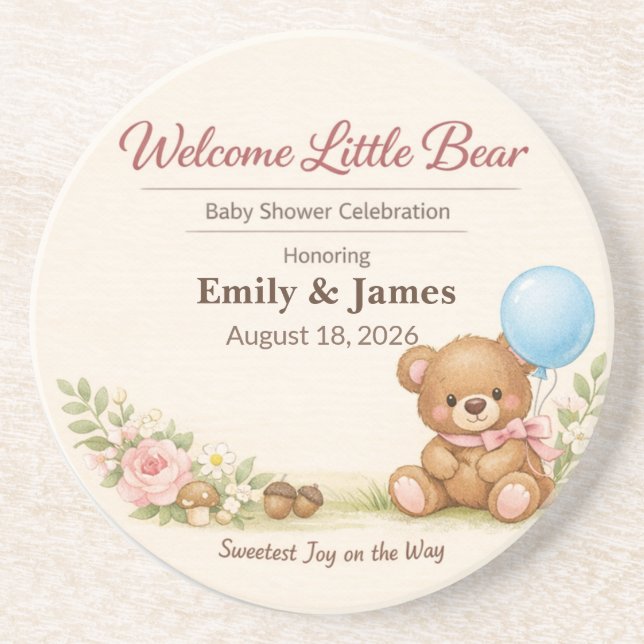 Porta-copos Bases para Chá de Bebê | Urso Teddy | Pasta Flores (Frente)
