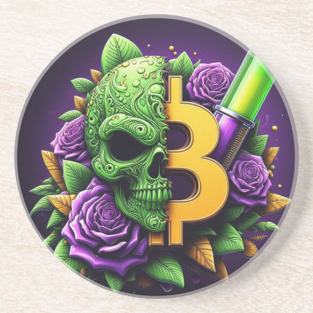Porta-copos Bitcoin Caveira Suporte de Arenito (Frente)