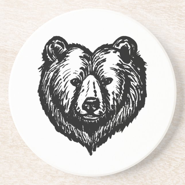 Porta-copos Black and White Bear's Face Ink Drawing (Frente)