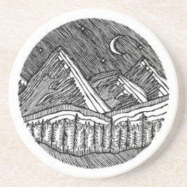 Porta-copos Black and White Ink-Drawn Round Alp Landscape