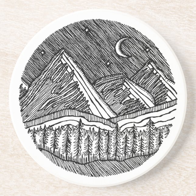Porta-copos Black and White Ink-Drawn Round Alp Landscape (Frente)