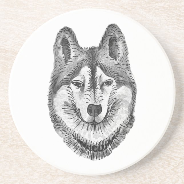 Porta-copos Black & White Ink & Watercolor Siberian Husky (Frente)