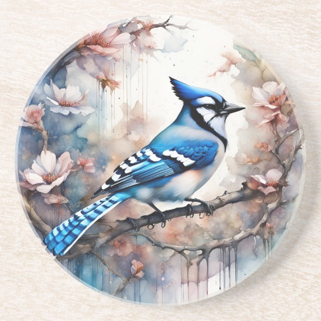 Porta-copos Blue Jay Cherry Blossoms aquarela (Frente)